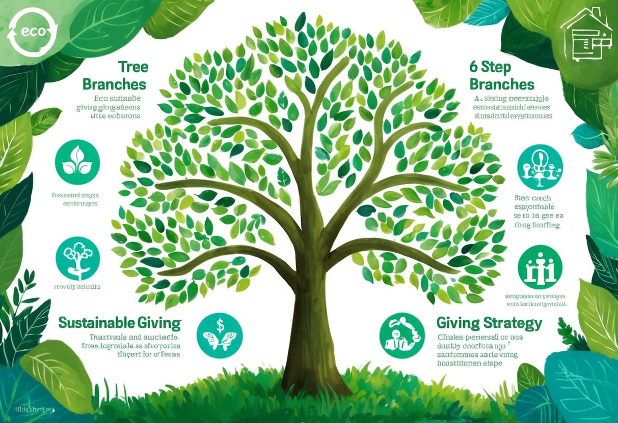 A tree with seven branches, each representing a step in sustainable giving strategy, surrounded by various eco-friendly symbols and elements