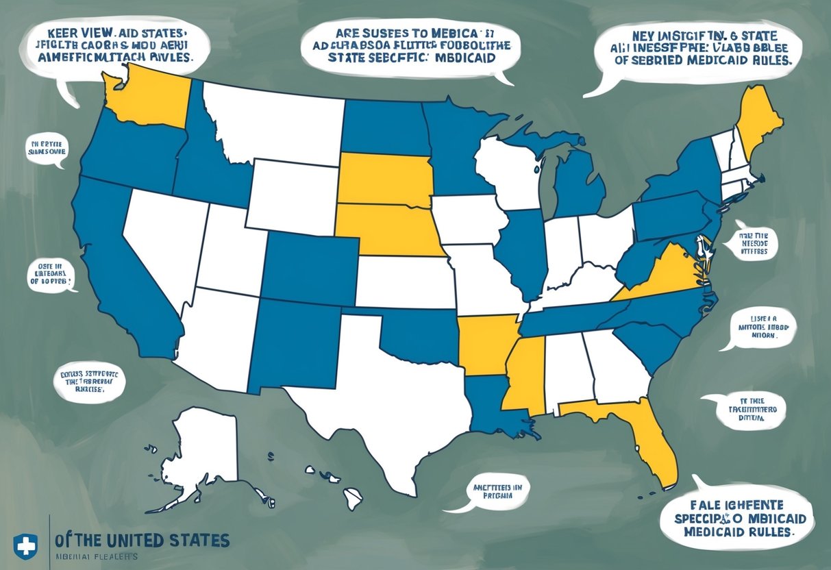 A map of the United States with each state highlighted in a different color, surrounded by text bubbles containing key insights about state-specific Medicaid rules