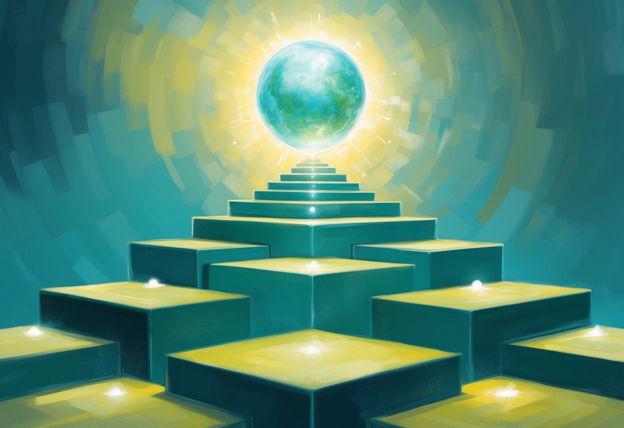 A series of seven interconnected steps leading towards a glowing, ethereal orb, representing the creation of a sustainable giving strategy