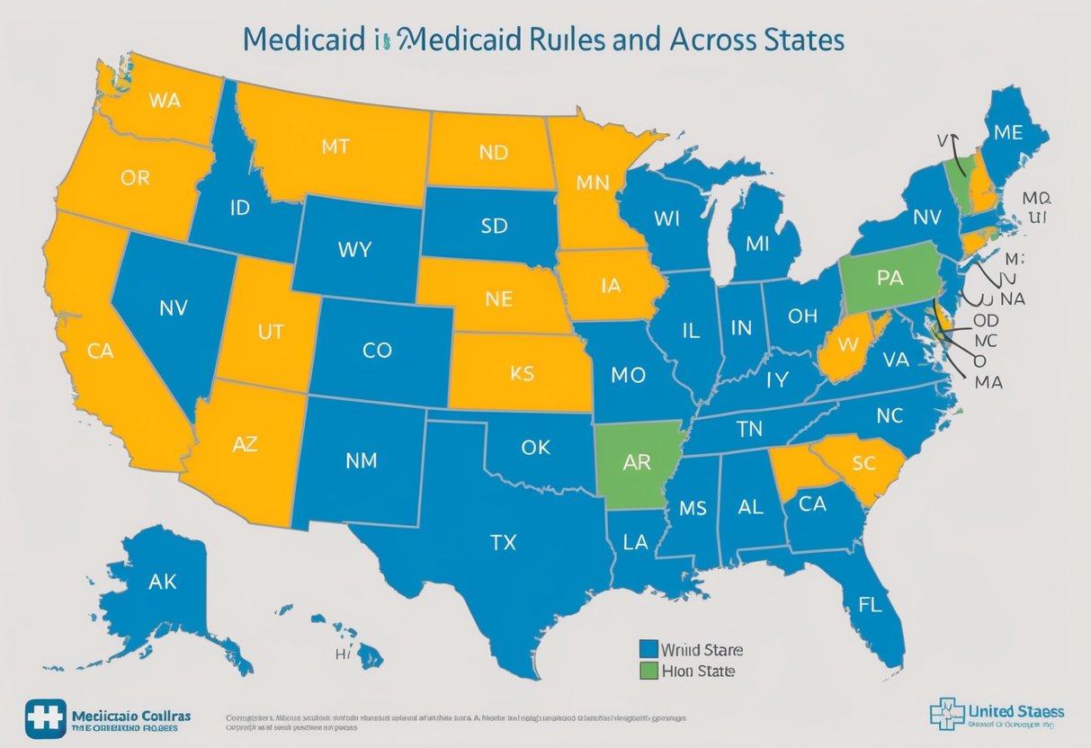 A map of the United States with each state highlighted in a different color to represent the variations in Medicaid rules and coverage across states