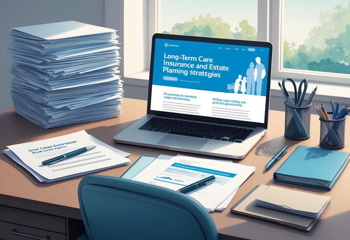 A serene and orderly office desk with a stack of paperwork, a pen, and a laptop open to a webpage on long-term care insurance and estate planning strategies
