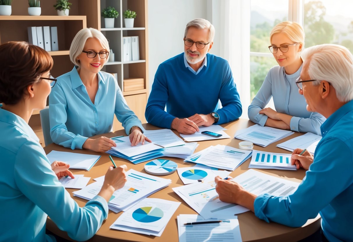 A family sits around a table, discussing financial and healthcare plans for the future. Papers and documents are spread out as they strategize for their Health Savings Accounts and estate planning