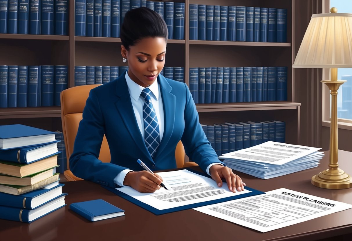 A person signing legal documents in a lawyer's office, surrounded by shelves of law books and a desk with estate planning forms