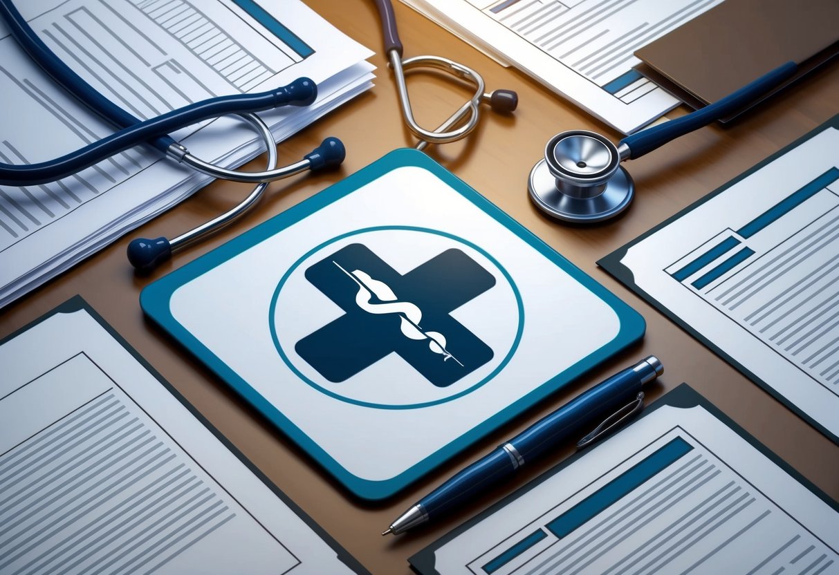 A medical symbol surrounded by legal documents, a stethoscope, and a pen on a desk