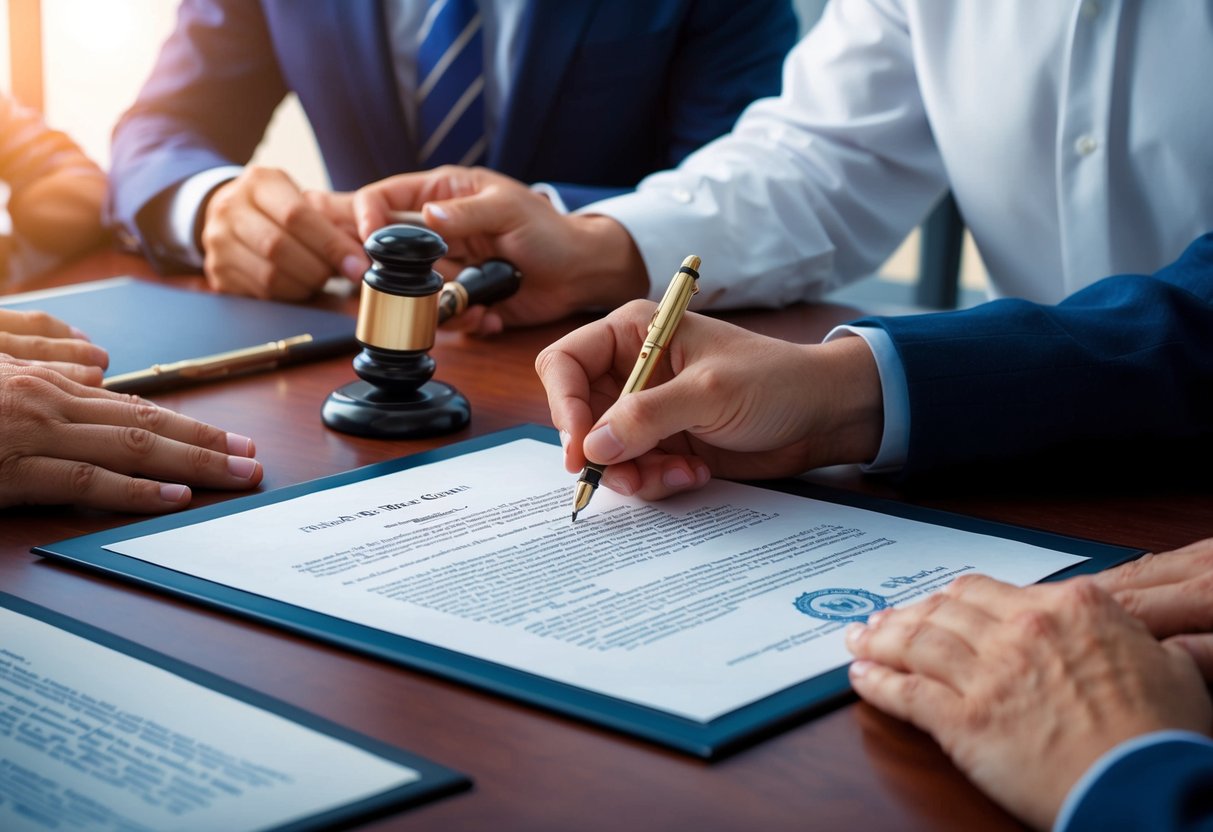 A person signing a legal document with a notary stamp and witnesses present