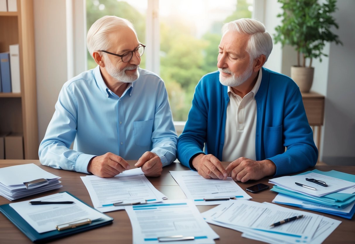 A peaceful elderly couple sitting at a table, surrounded by legal documents and financial paperwork, discussing their future healthcare needs and Medicare Advantage Plans