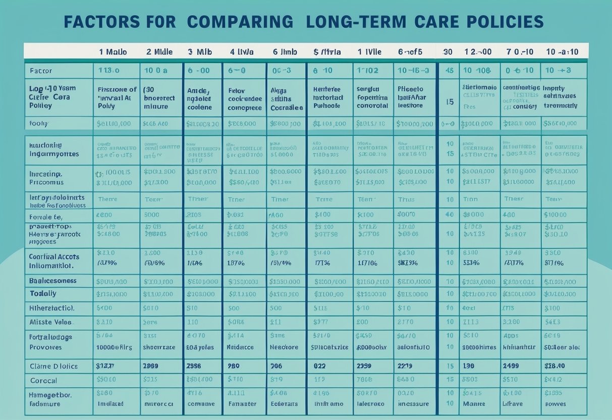 A table with 10 columns listing factors for comparing long-term care policies, each with a corresponding row of data