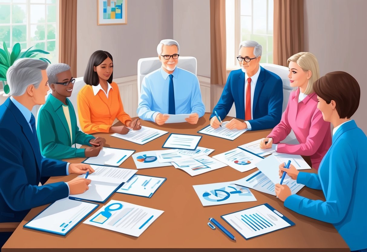 A family sitting around a table with legal documents, discussing healthcare and estate planning with a lawyer