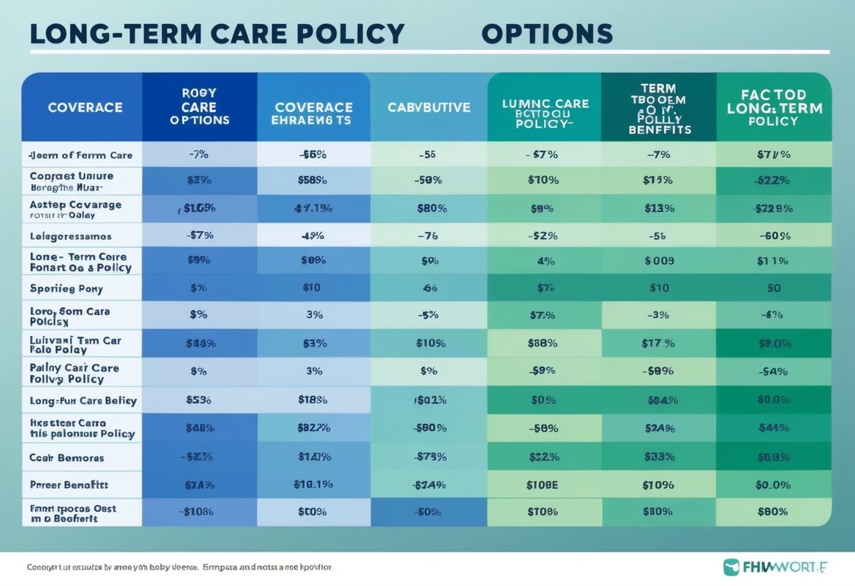 A table with various long-term care policy options and factors to compare, such as coverage, cost, and benefits