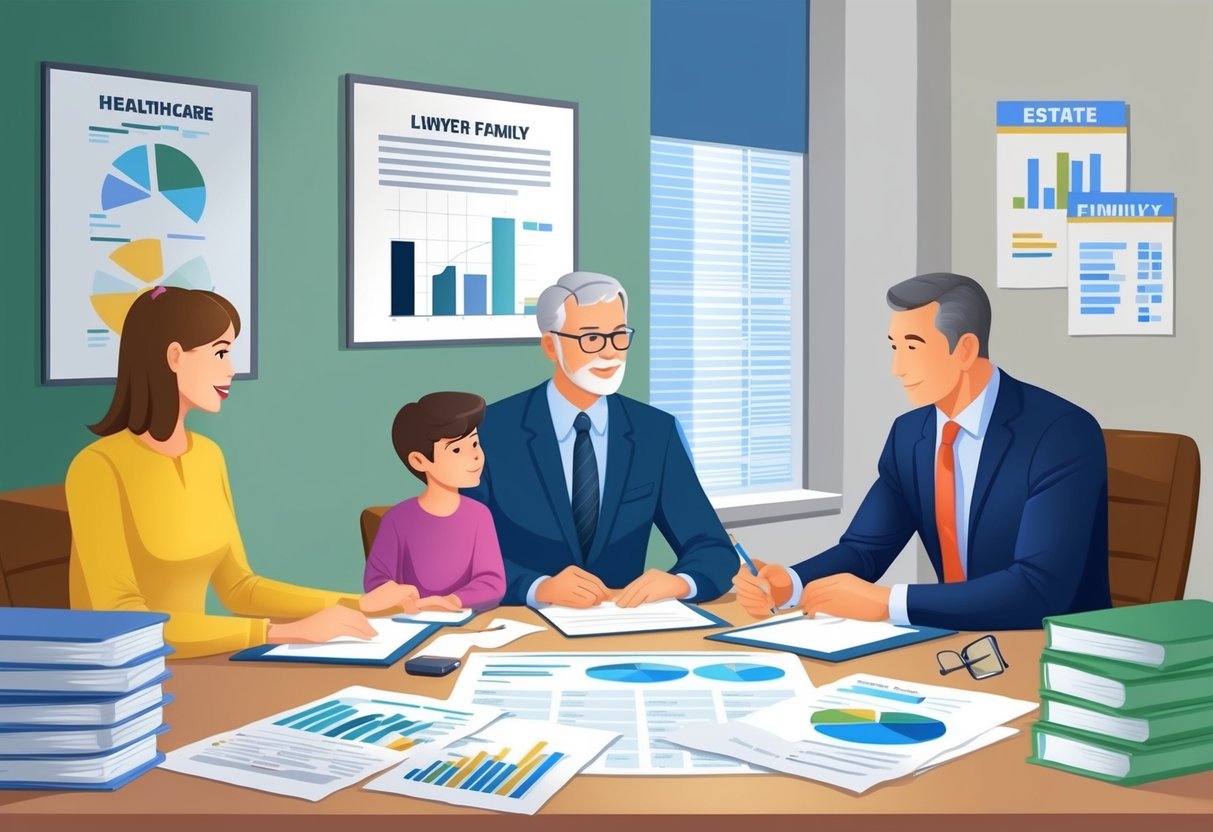 A family meeting with a lawyer, discussing healthcare planning and estate development, surrounded by legal documents and financial charts