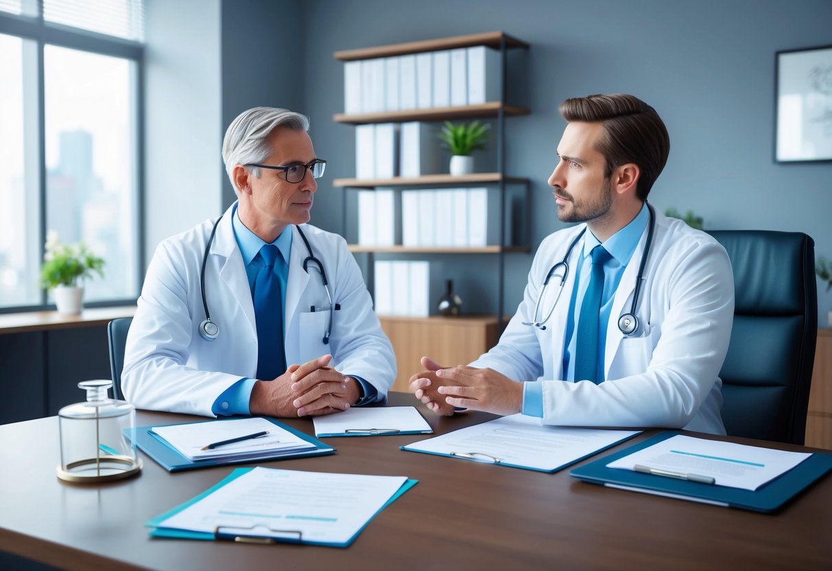 A doctor and a lawyer discussing healthcare and estate planning in a modern office setting with medical and legal documents on a desk