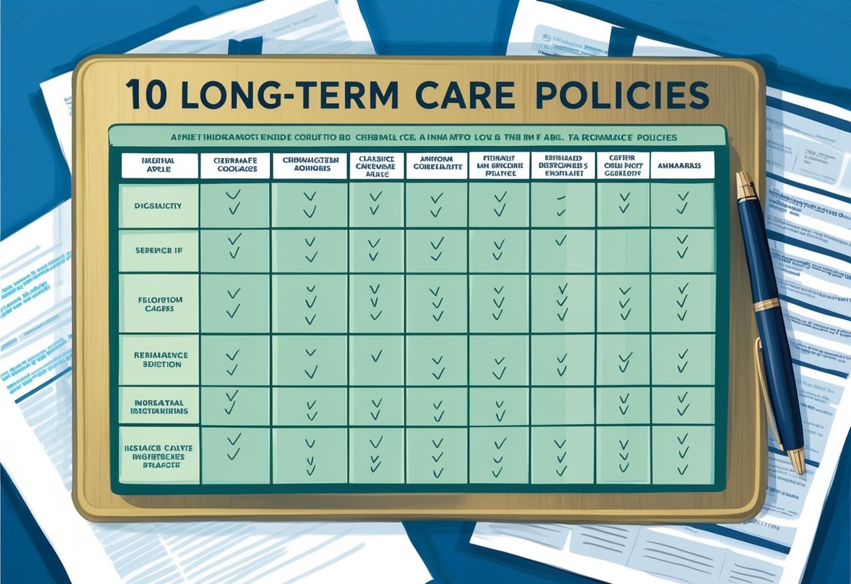 A table with 10 columns, each labeled with a different factor related to long-term care policies. The table is surrounded by various insurance-related documents and a pen