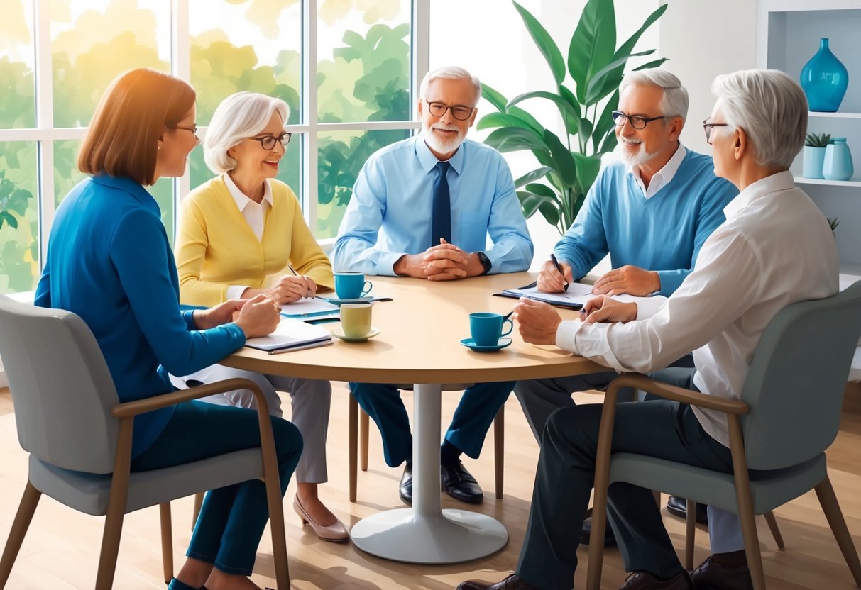 A family sitting around a table with a financial advisor, discussing long-term care insurance and healthcare planning