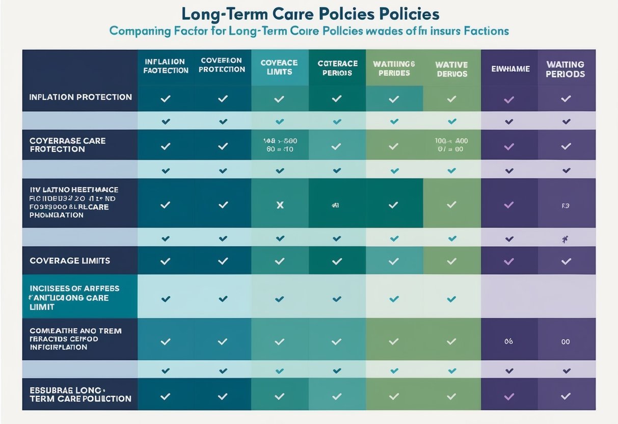A table with 10 columns comparing factors for long-term care policies, such as inflation protection, coverage limits, and waiting periods