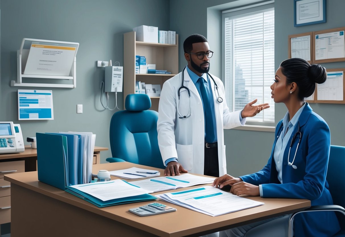 A doctor's office with a desk, chair, and medical equipment. A patient's file open on the desk, and a healthcare planner discussing financial options with the patient