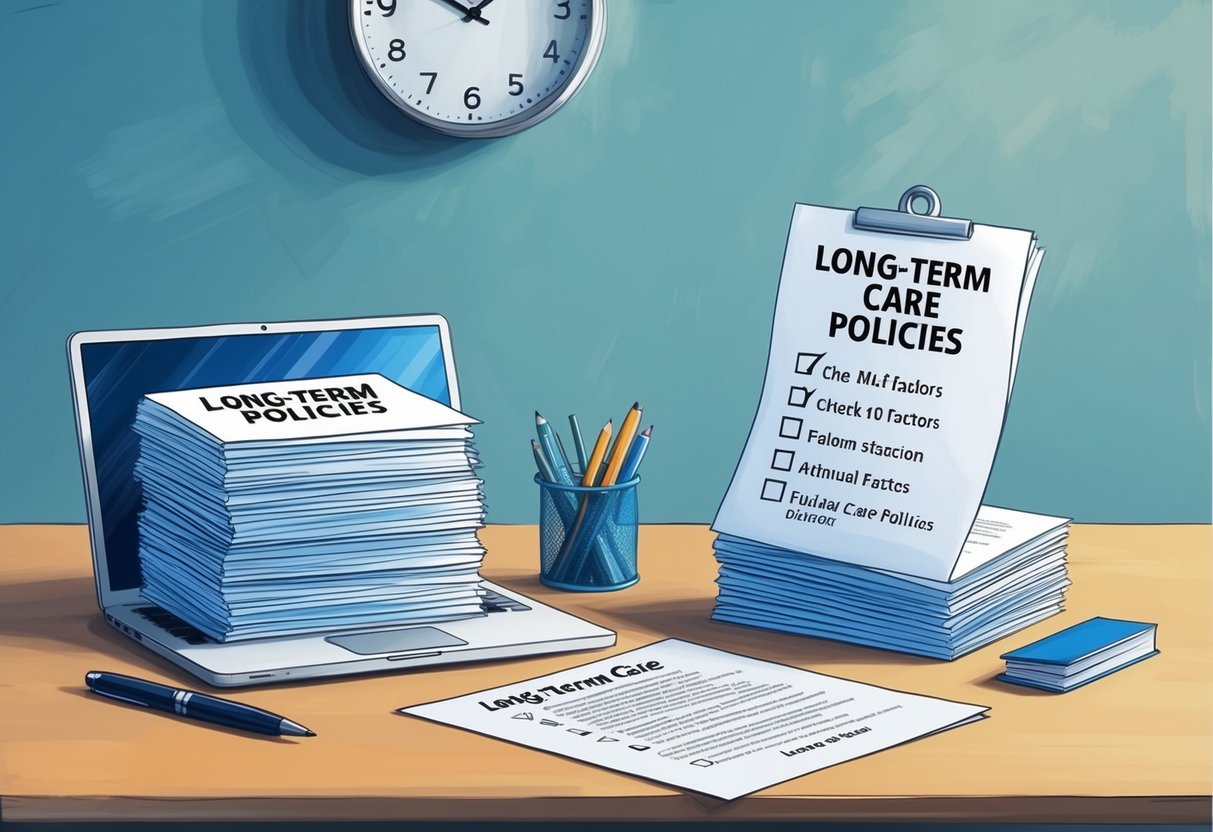 A desk with a laptop, pen, and paper. A stack of documents labeled "Long-Term Care Policies" with a checklist of 10 factors. A clock on the wall shows the passing time