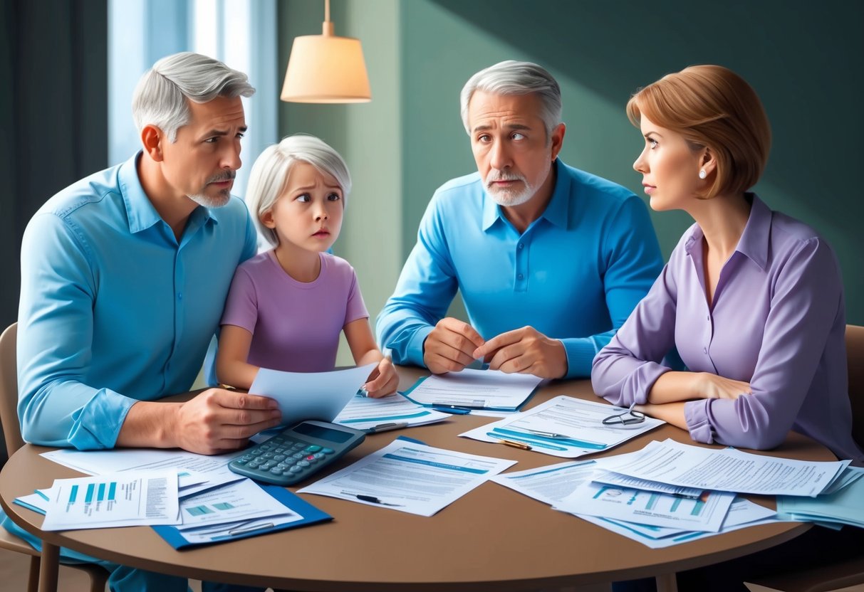 A family sitting together at a table, surrounded by medical documents and financial papers. A worried expression on their faces as they discuss healthcare planning