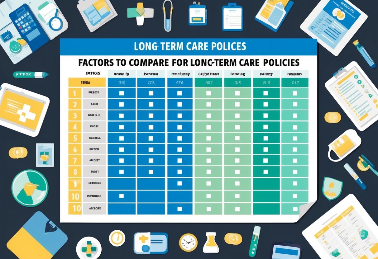 A table with 10 columns listing factors to compare for long-term care policies, surrounded by various medical and insurance-related objects