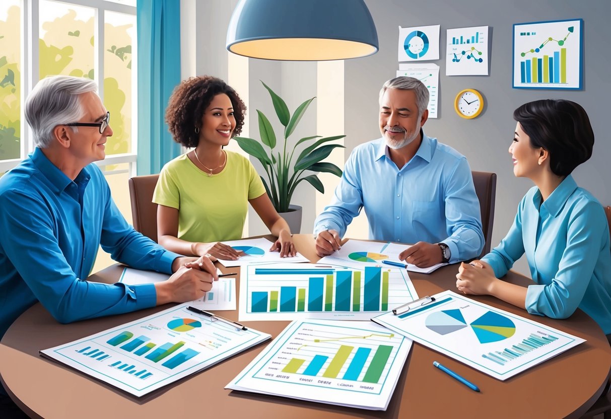 A family sitting around a table, discussing healthcare planning and retirement savings. Charts and graphs are spread out, showing the importance of financial legacy protection