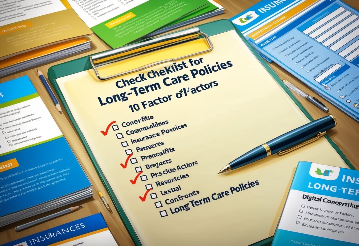 A desk with a checklist of 10 factors for long-term care policies, surrounded by various insurance brochures and a pen