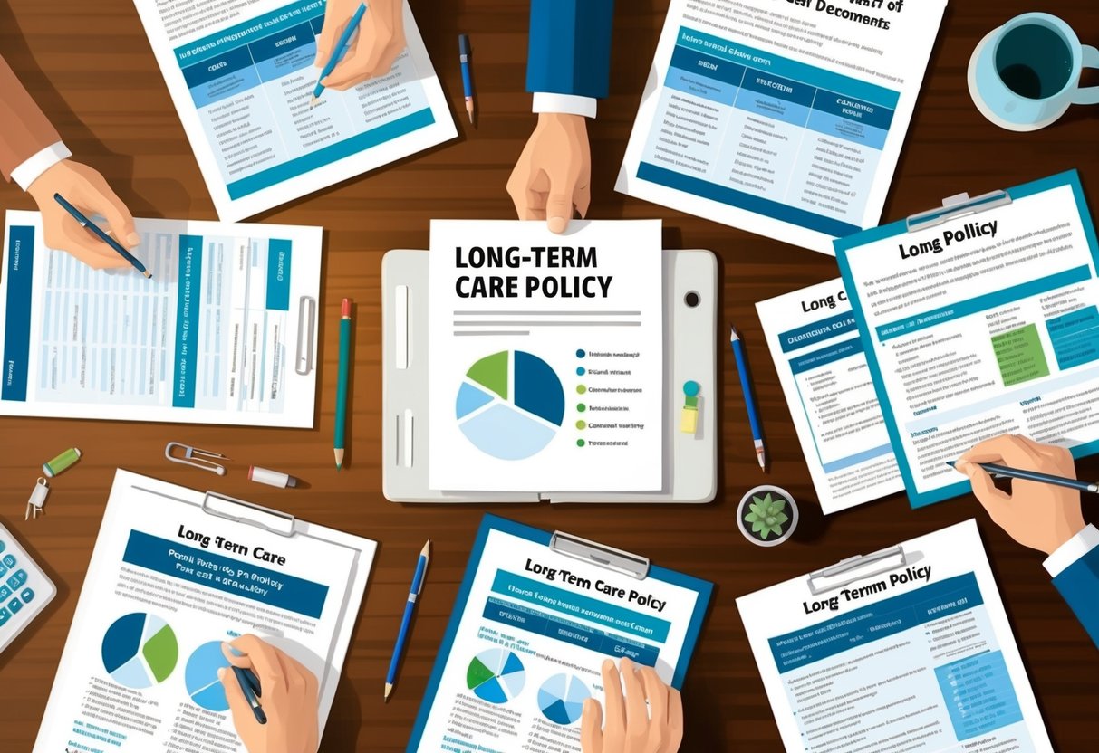 A desk with 10 different long-term care policy documents spread out, each with various factors highlighted and compared