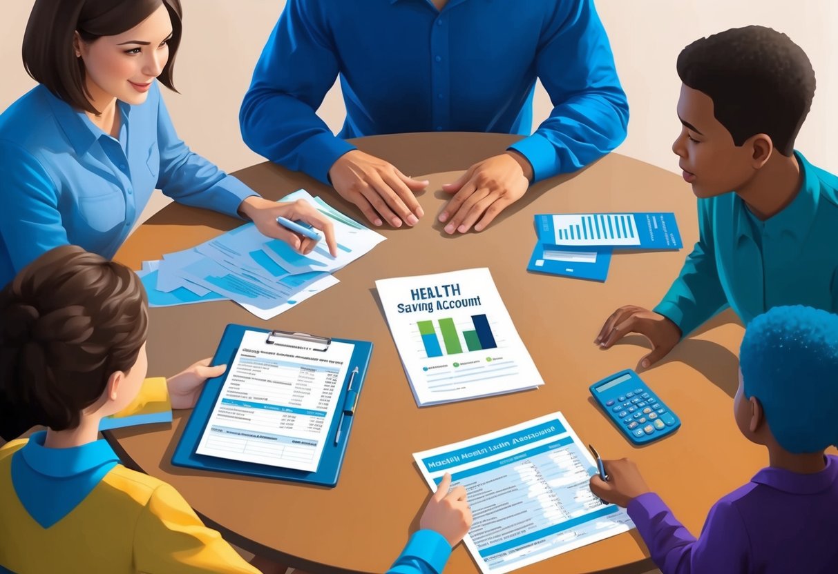 A family sitting around a table, discussing healthcare planning. A folder of financial documents and a health savings account statement are spread out in front of them