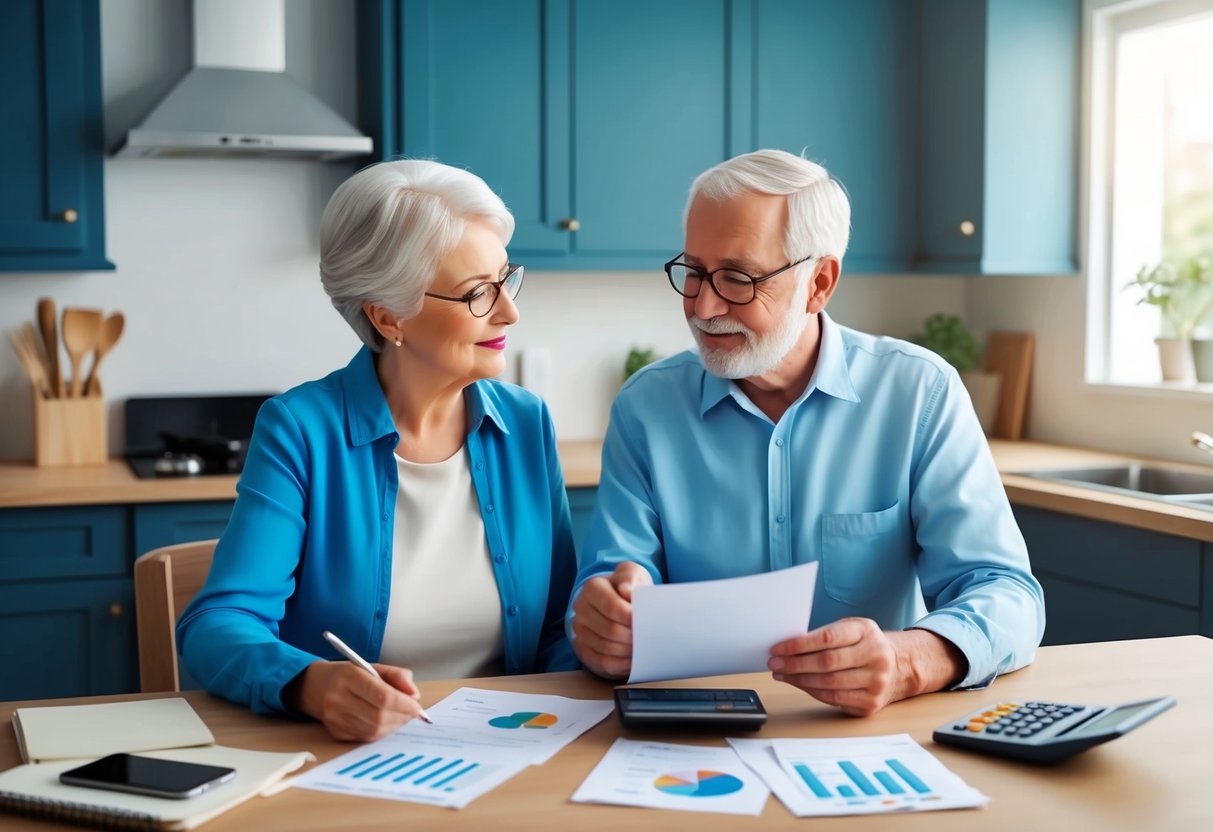 A senior couple sits at a kitchen table with papers and a calculator, discussing healthcare options and budgeting for retirement expenses
