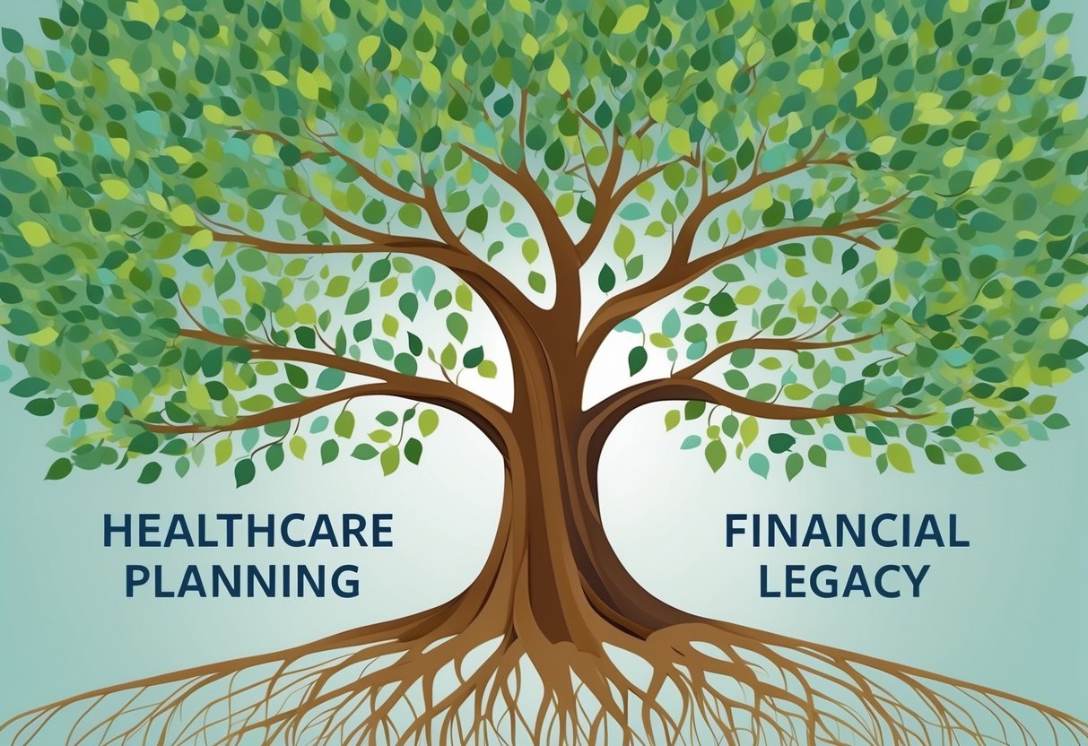 A family tree with roots symbolizing healthcare planning and branches representing financial legacy