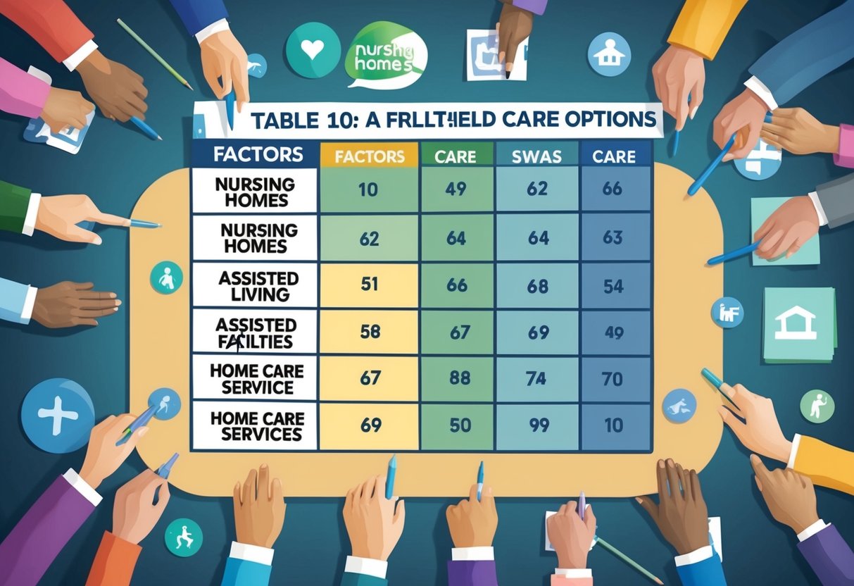 A table with 10 factors listed, surrounded by various care options such as nursing homes, assisted living facilities, and home care services