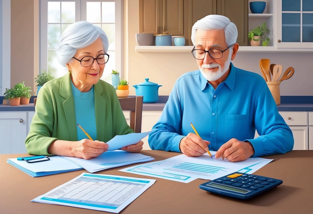 A serene elderly couple sits at a kitchen table, reviewing paperwork and discussing long-term care insurance options. A calculator and budgeting spreadsheet are spread out in front of them