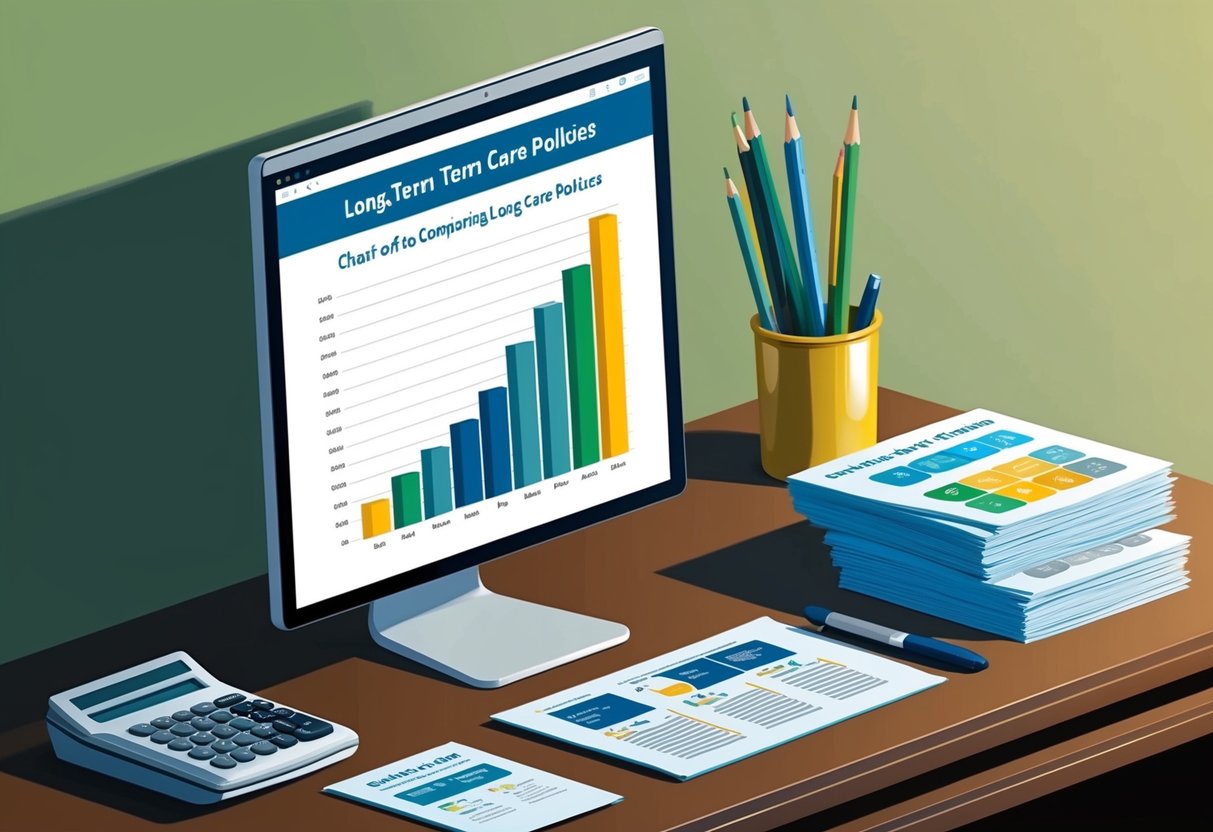 A desk with a computer screen displaying a chart of 10 factors for comparing long-term care policies. A stack of financial rating reports and a calculator are also on the desk