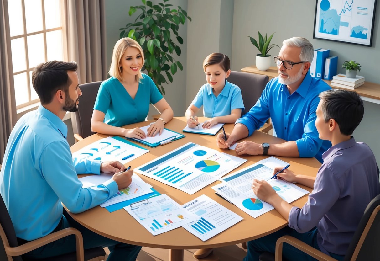 A family sitting around a table, discussing healthcare and financial planning with documents and charts spread out in front of them