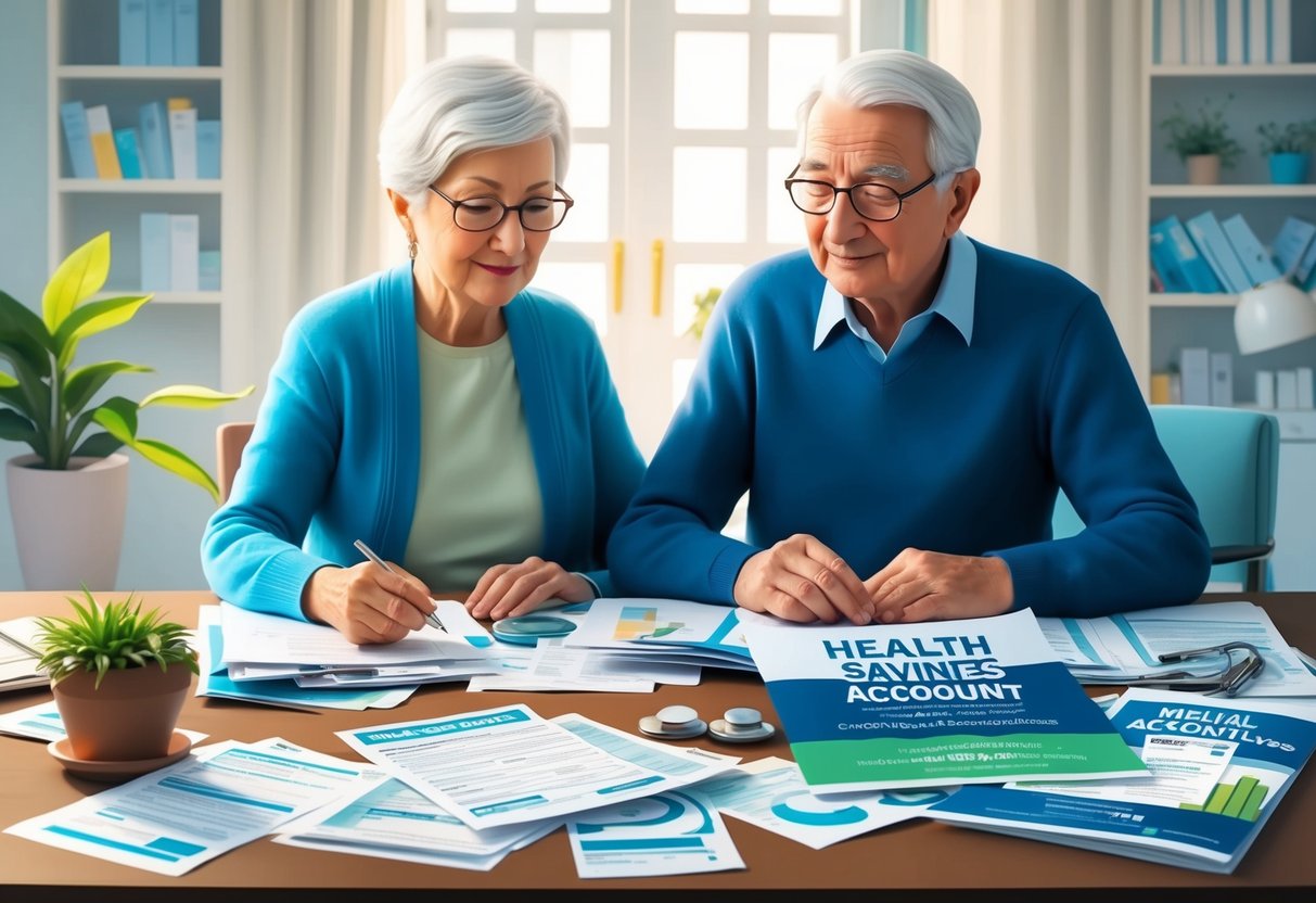 A serene elderly couple sits at a table, surrounded by medical bills and financial documents. They are carefully budgeting their healthcare expenses for retirement, with a Health Savings Account brochure open in front of them