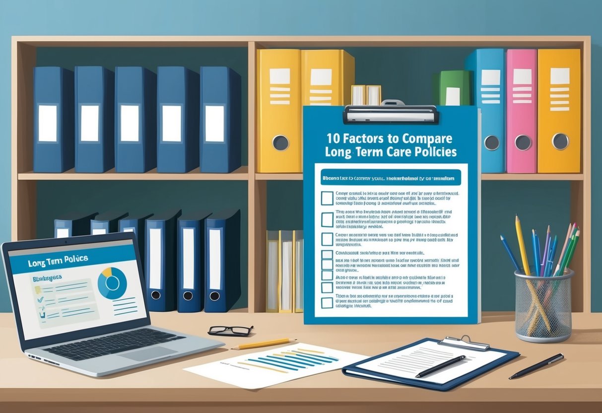 A desk with a laptop, papers, and pens. A bookshelf with binders and reference books. A checklist of 10 factors to compare long-term care policies