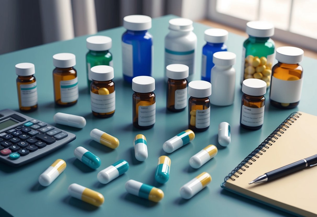 A diverse group of prescription pill bottles arranged neatly on a table, with a calculator and budgeting notebook nearby
