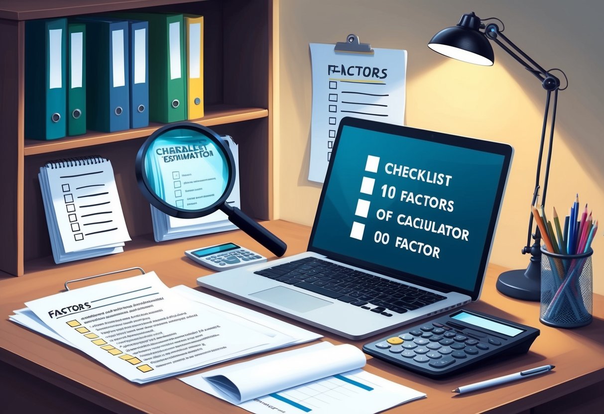 A desk with a laptop, calculator, and paperwork. A shelf with folders and books. A checklist of 10 factors. A magnifying glass for close examination
