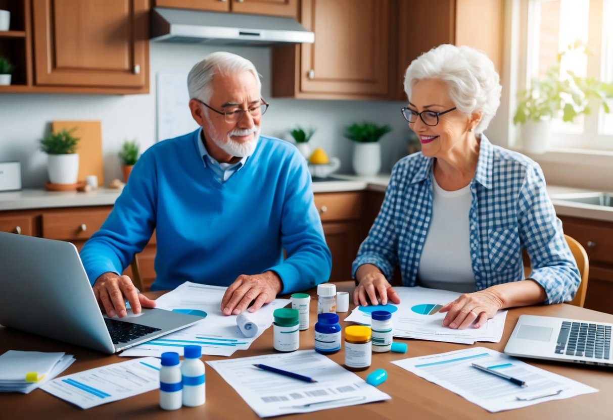 A senior couple sits at a kitchen table surrounded by paperwork, a laptop, and various prescription bottles. They are comparing different healthcare plans and budgeting for their retirement expenses