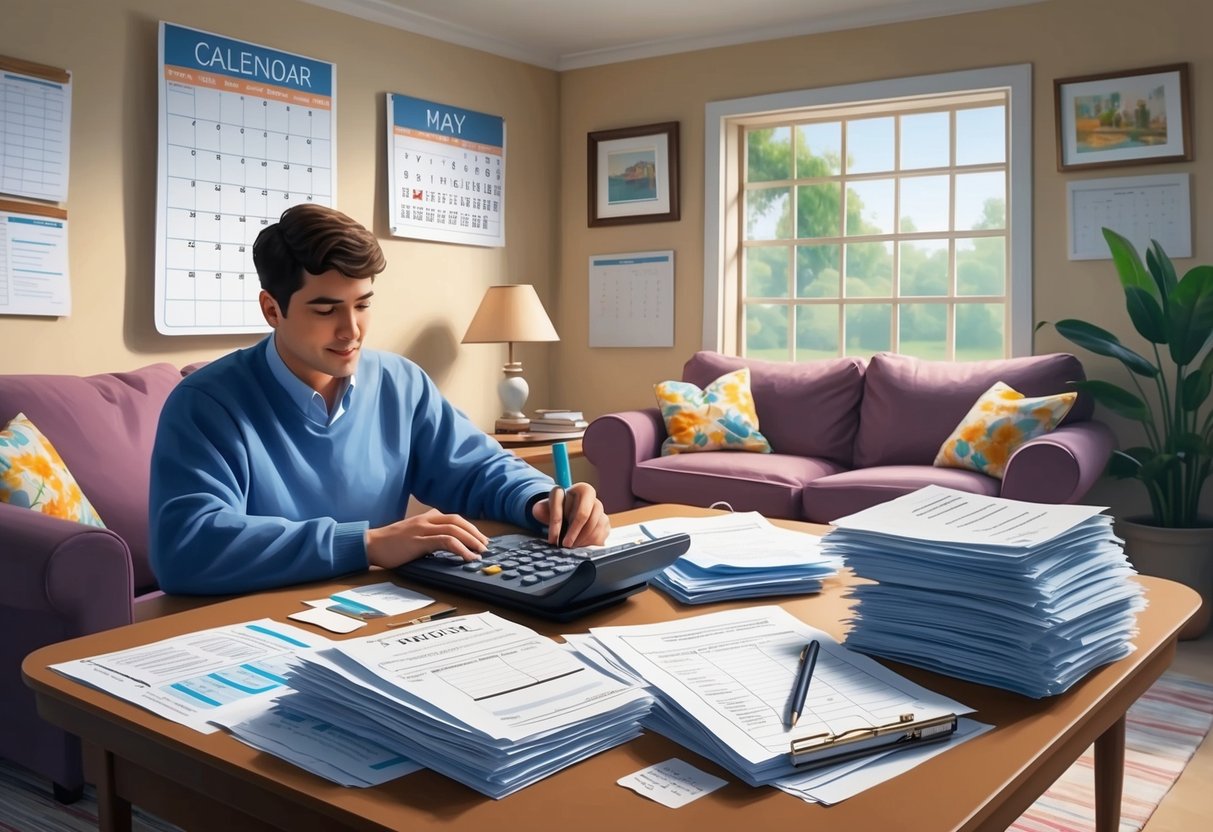 A cozy living room with a calendar on the wall, a stack of bills on the table, and a person sitting at a desk with a calculator and notebook, surrounded by medical paperwork