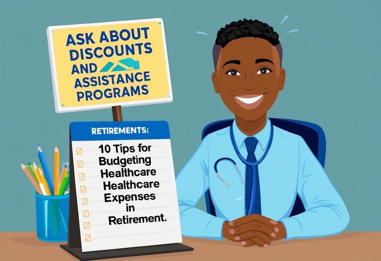 A smiling person at a desk with a sign reading "Ask About Discounts and Assistance Programs" next to a list of "10 Tips for Budgeting Healthcare Expenses in Retirement."