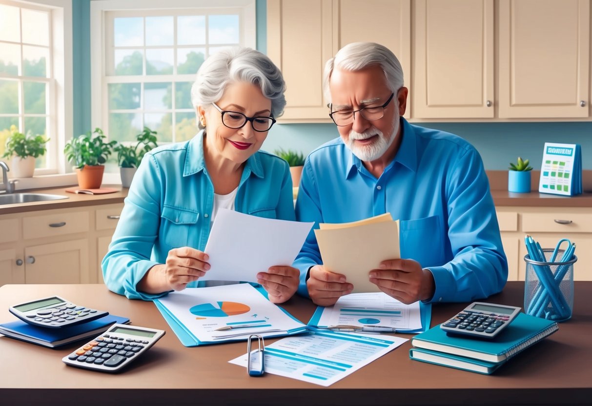 A senior couple reviewing medical bills and financial documents at their kitchen table, surrounded by calculators, notebooks, and a budgeting guide