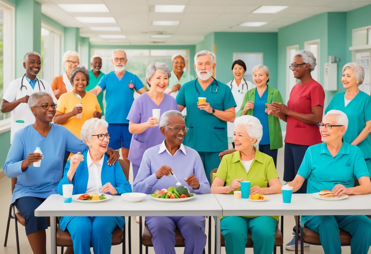 A diverse group of elderly individuals engage in various preventive care activities, such as exercise, healthy eating, and attending regular check-ups at a healthcare facility