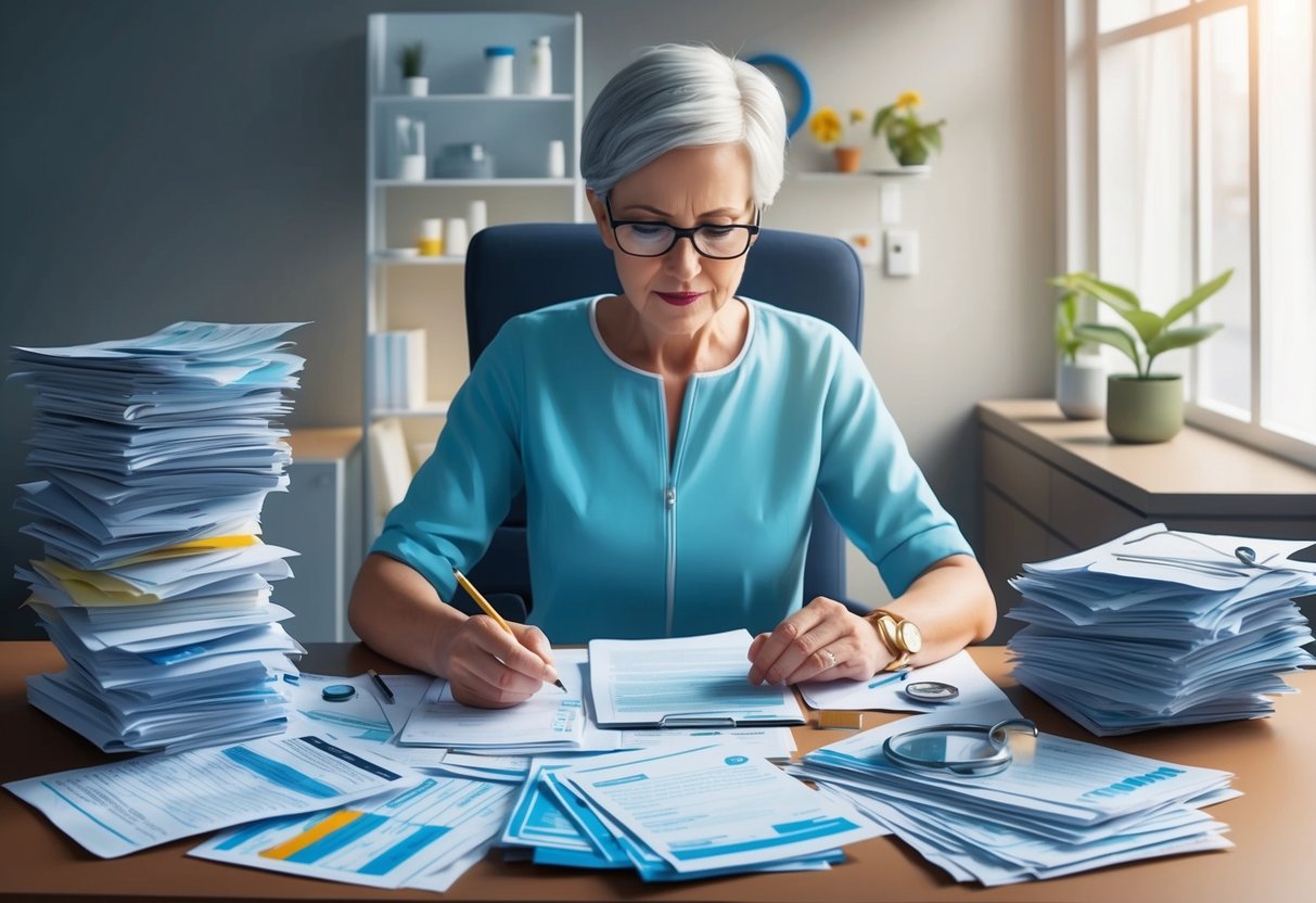 A person with a chronic condition sits at a desk, surrounded by medical bills and financial documents. They are carefully budgeting and organizing their healthcare expenses for retirement
