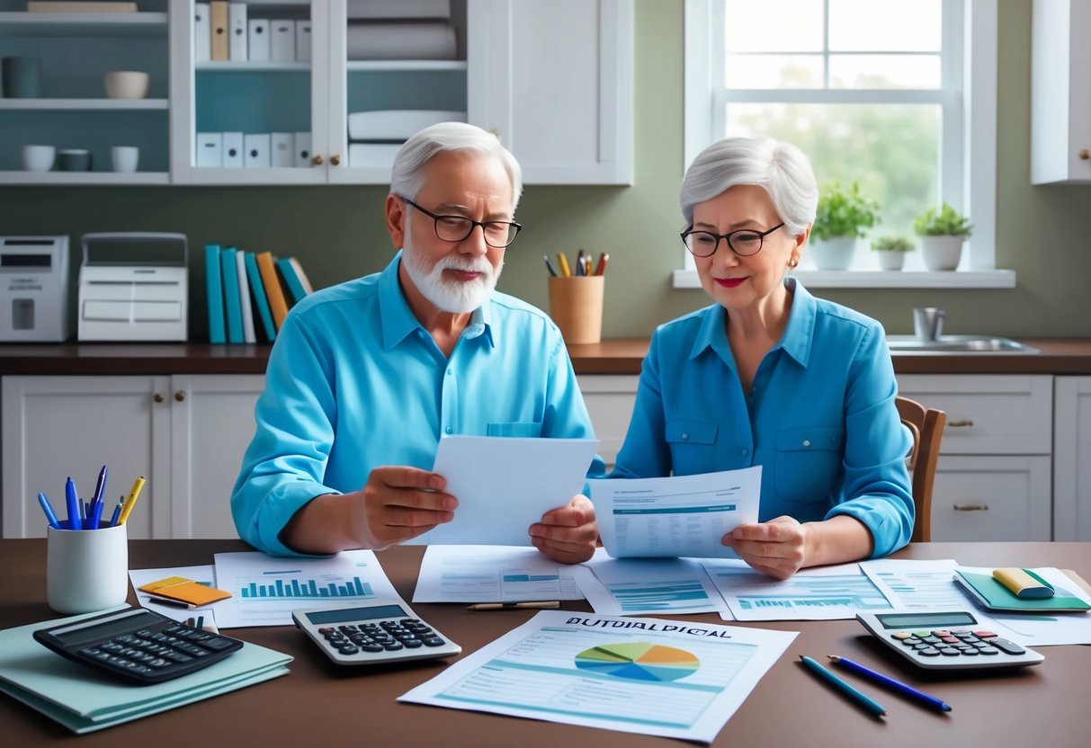 A senior couple reviewing medical bills and financial documents at a kitchen table, surrounded by calculators, pens, and a budgeting worksheet
