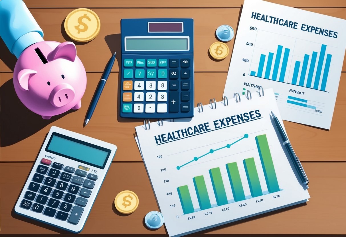 A table with a calculator, pen, and paper. Charts and graphs showing healthcare expenses. A piggy bank and coins representing budgeting