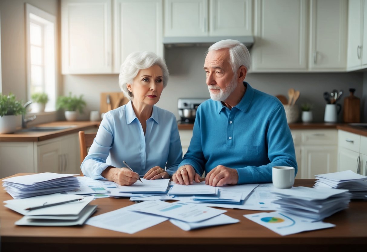 A senior couple sits at a kitchen table, surrounded by bills and paperwork. A concerned expression on their faces as they discuss long-term care costs