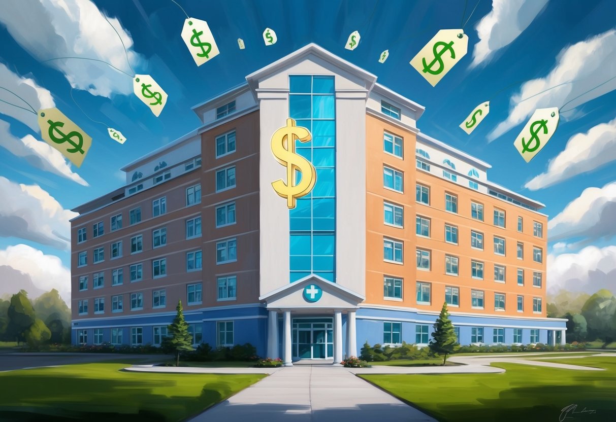 A nursing home building with a dollar sign hovering over it, surrounded by rising price tags