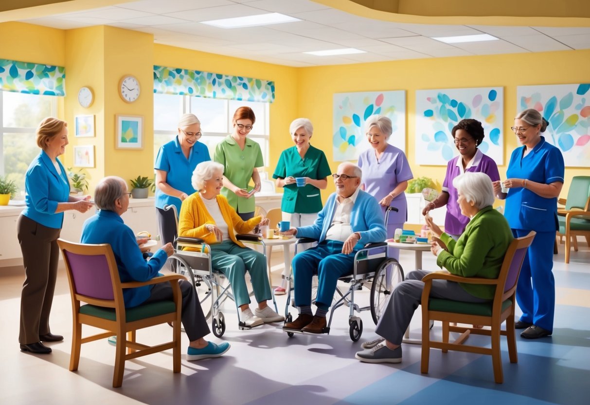 A group of elderly individuals engaged in various activities within a bright and welcoming adult day health care center, surrounded by staff providing care and support
