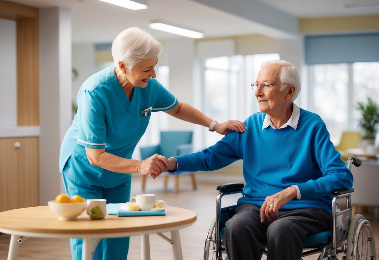 An elderly person receiving assistance with daily activities in a modern and well-equipped long-term care facility