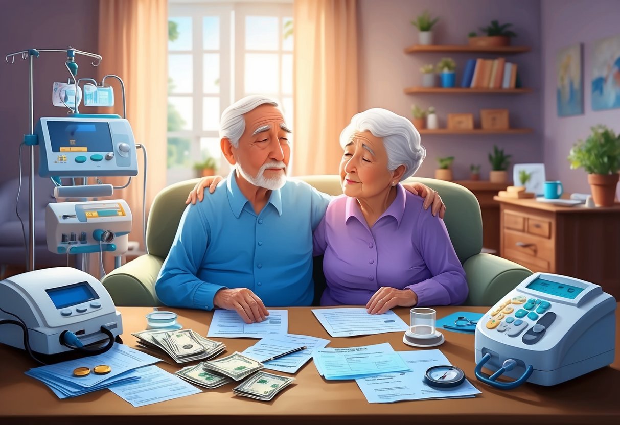 A serene elderly couple sitting in a cozy living room, surrounded by medical equipment and financial documents. A worried expression on their faces as they discuss long-term care costs