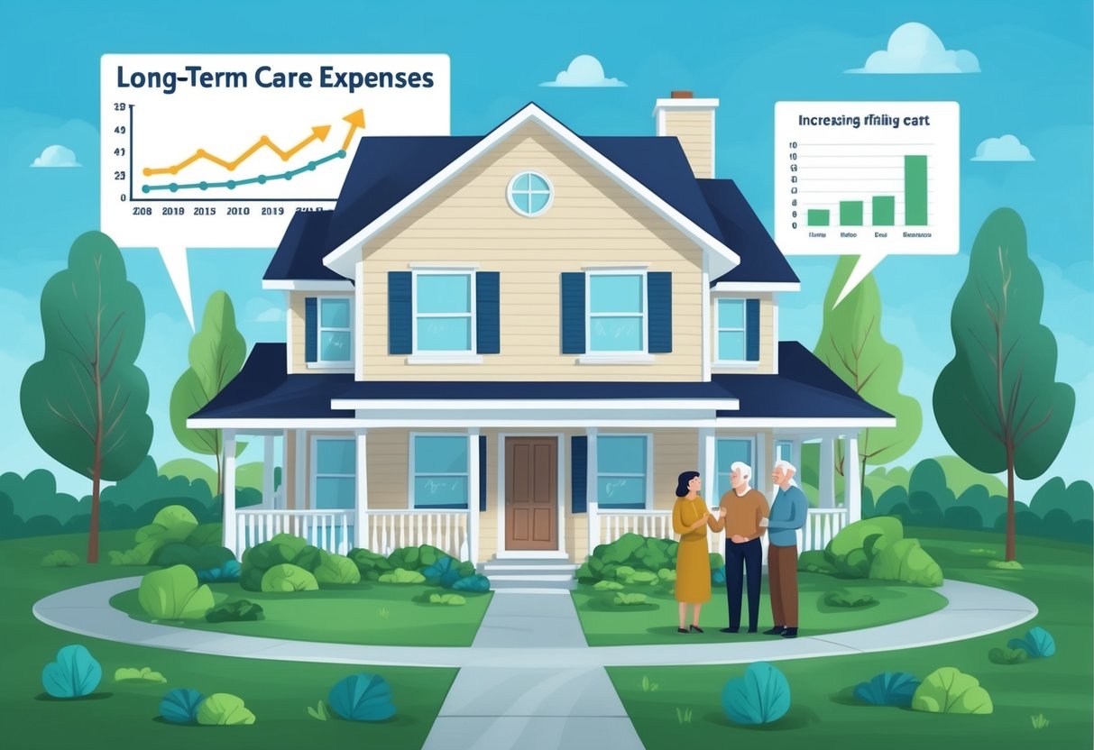 A family home surrounded by increasing long-term care expenses, with a graph showing rising costs and a worried family discussing financial options